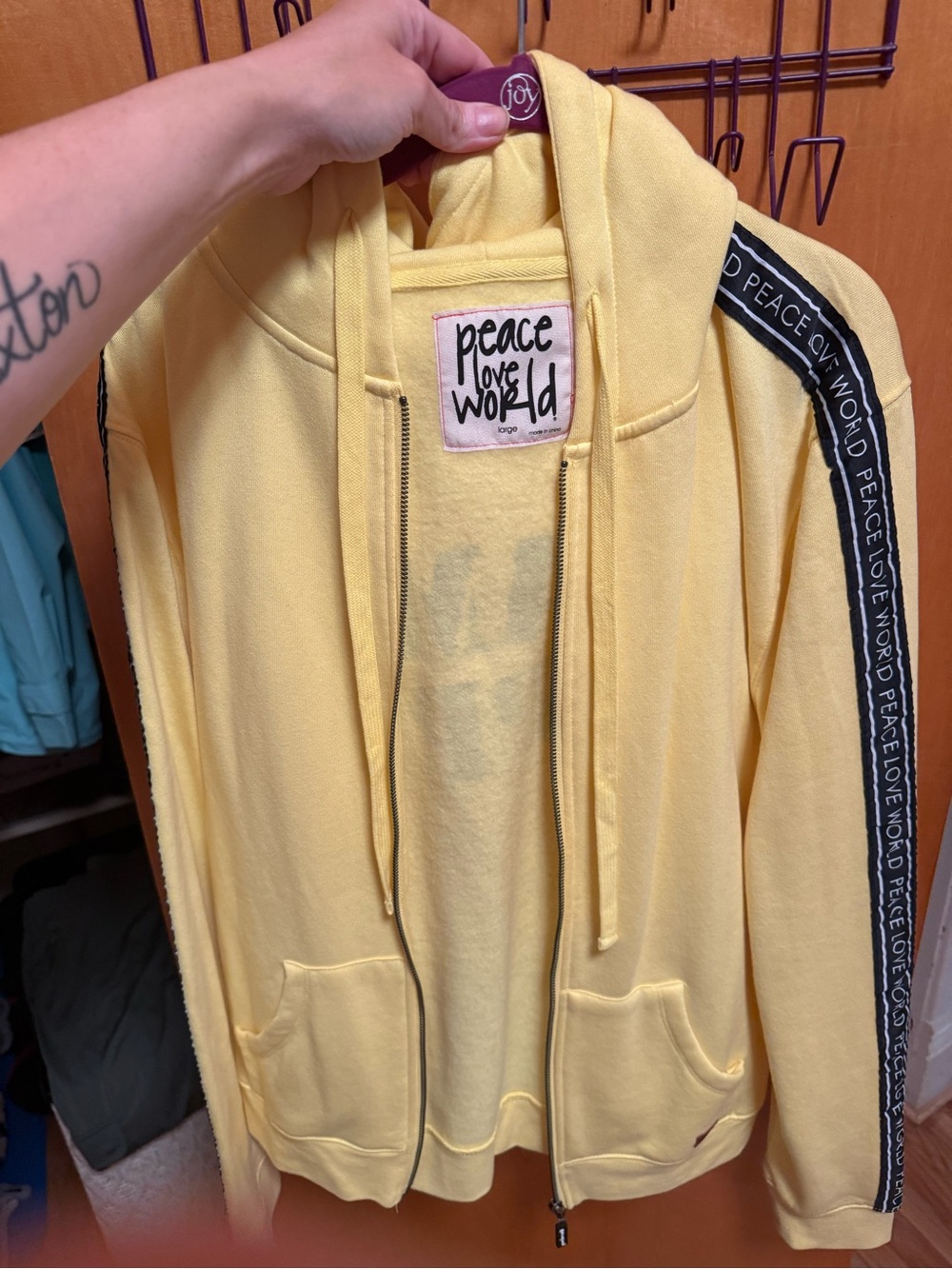 Peace Love World Womens Light Yellow Zip Hoodie with Branded Shoulder Tape